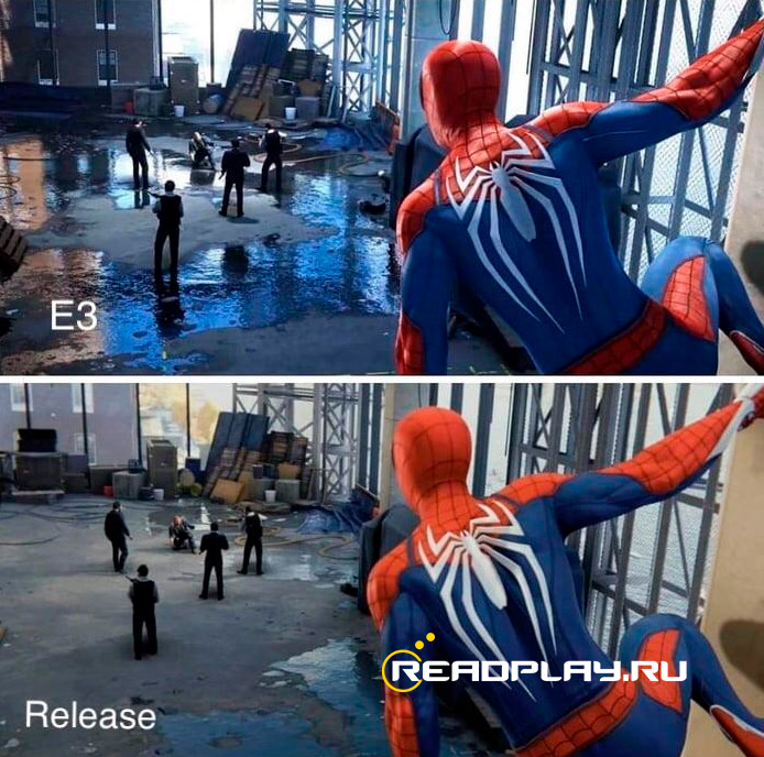 Скриншот сцены с e3 и как на самом деле в Spider-Man