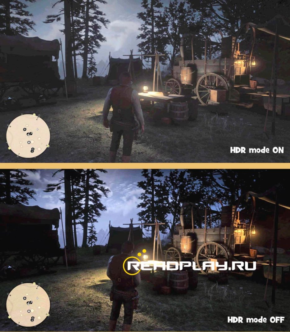 Скриншот с игры rdr 2 с модом hdr и без него