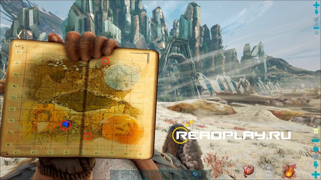 Скриншот карты где можно найти обсидиан в ARK: Extinction