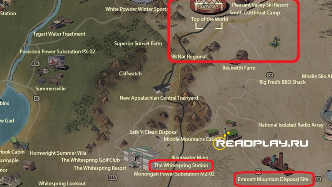 Скриншот - карта с расположением смолы в Fallout 76